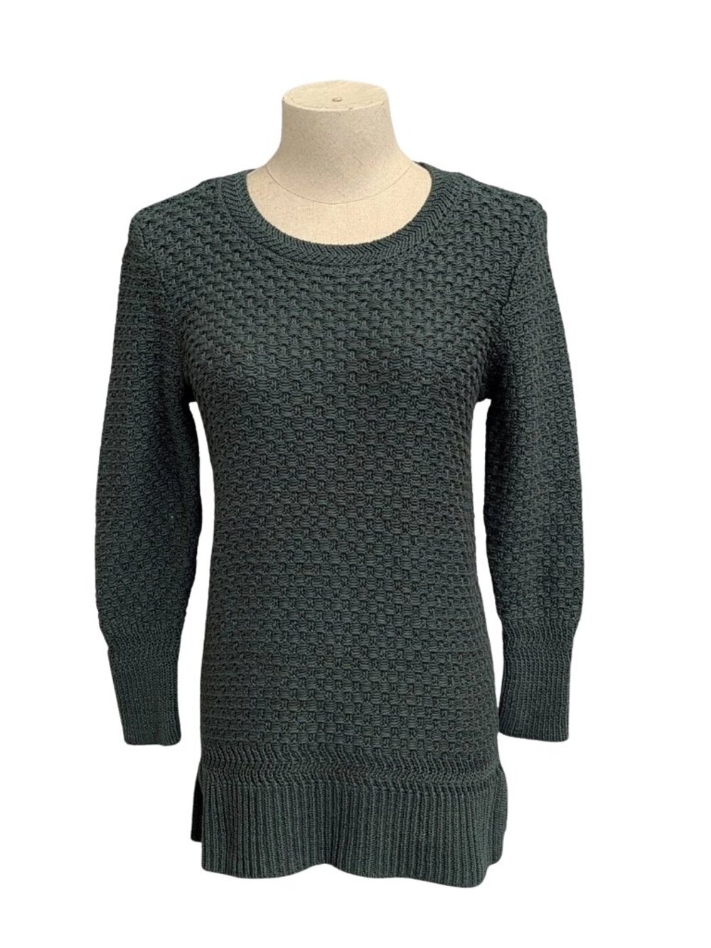 LOFT Heather Forest Green Basketweave Textured Knit Tunic Sweater, Size M